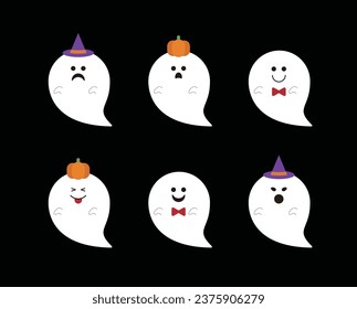 A set of cute Halloween concept ghost character illustrations. The ghost has various facial expressions and has a hat and pumpkin.