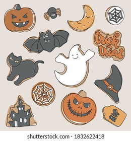 Set of cute Halloween cookies. October vibes and colors, aesthetic theme. Flat style. All elements are isolated. Wich`s hat, cat, ghost, pumpkins, rip, bat, moon, spider web, castle cookies