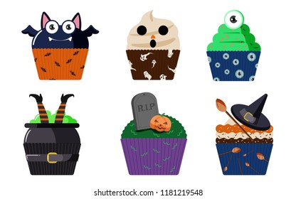 Set of cute halloween cupcake, bat , ghost, monster, witch, grave