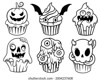 Set of cute halloween cupcakes. Collection of character creepy cupcakes with witch hat, pumpkin, eyeball, etc. Trick or treat. Happy scary sweets. Vector illustration of fun halloween muffins.