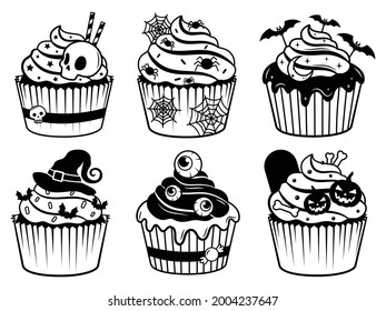 Set of cute halloween cupcakes. Collection of character creepy cupcakes with witch hat, pumpkin, eyeball, etc. Trick or treat. Happy scary sweets. Vector illustration of fun halloween muffins.