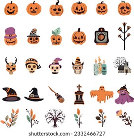 Set of cute halloween design elements collection with autumn colours doodle style.