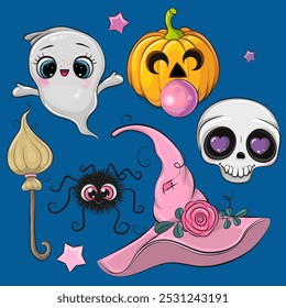 Set of Cute Halloween design elements on blue background