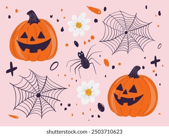 A set of cute Halloween doodle hand drawn holiday elements. Children's print for stickers, greeting cards and decor. Pumpkin, spider web with spider, flowers on pink background. Simple flat style.