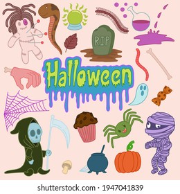 Set of cute halloween doodles, hand drawn, lines, art