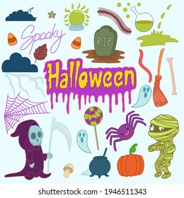 Set of cute halloween doodles, stickers, hand drawn, element, print, art