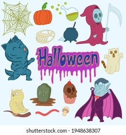 Set of cute Halloween doodles, stickers, drawing, cartoon, print, art