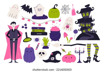 Conjunto de adorables elementos de Halloween, dibujos animados de ilustraciones planas vectoriales aislados en fondo blanco. Caracteres graciosos de miedo - vampiro, fantasmas, calabaza, araña. Casa embrujada, escoba de brujas y sombrero.