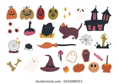 Set of cute Halloween elements - hand drawn flat vector illustration isolated on white background. Spooky autumn stickers of pumpkin, haunted house, cat, skull and grave.