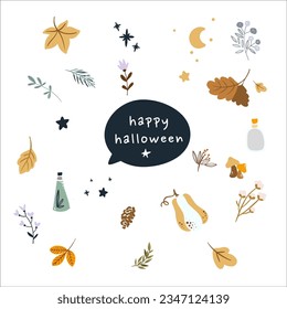 Set of cute halloween elements. Happy Halloween. Childish scary and smiling creepy characters. Great for your design, postcard, poster, kids room, logo, print. Isolated flat vector illustration