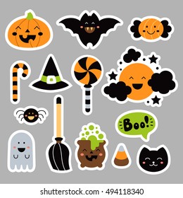 Set cute  Halloween elements in kawaii childish style: pumpkin, bat, candy, witch hat, moon, spider, ghost, broom, pot, boo, cat. Collection cartoon stickers for your design. Vector illustration.