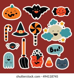 Set cute  Halloween elements in kawaii childish style: pumpkin, bat, candy, witch hat, moon, spider, ghost, broom, pot, boo, cat. Collection cartoon stickers for your design. Vector illustration.