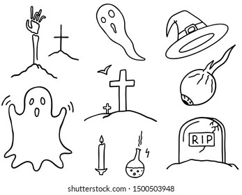 Set cute Halloween elements in vector  hand drawn in black   white outlines  Childish uneven style  