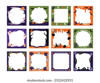 Conjunto de linda colección de marco de halloween, divertida silueta de borde de marco de miedo de colores aislada sobre fondo blanco para el día de Halloween para la decoración con jack o linterna, murciélago, fantasma, Ilustración vectorial.