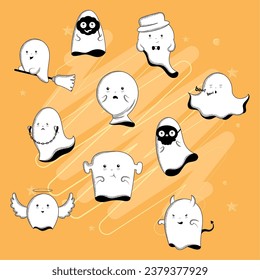 Juego de lindos personajes fantasmas de halloween Ilustración vectorial