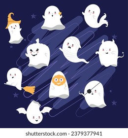 Set of cute halloween ghost characters Vector illustration