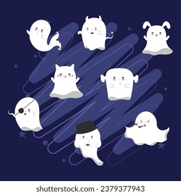 Set of cute halloween ghost characters Vector illustration