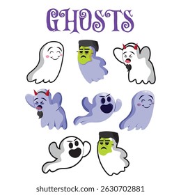 Conjunto de personagens fantasmas bonito halloween ilustração Vetor