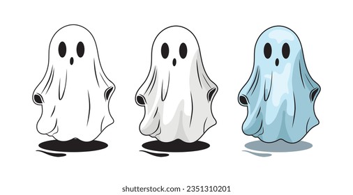 set of cute halloween ghost illustrations, halloween flat ghost collection template vector. White background, isolated editable object.