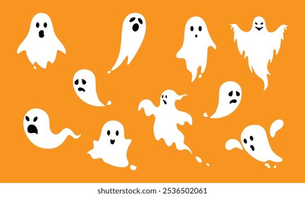 Set of cute Halloween ghost in white color. Halloween. Ghosts icon set. Collection of various scary and funny ghosts. Soul symbols for parties, celebrations, templates and decoration.