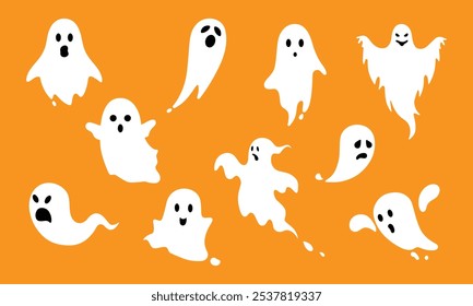 Conjunto de fantasma bonito Halloween em cor branca. Dia das Bruxas. Ícone fantasma definido. Coleção de vários fantasmas assustadores e engraçados. Símbolos de alma para festas, celebrações, modelos e decoração.