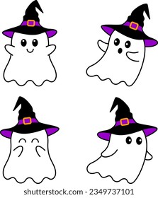 Juego de lindos fantasmas de halloween con sombrero de bruja. Diseño de caráter de Halloween, ilustración vectorial.