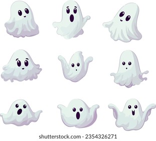 Set of cute halloween ghosts cartoon style isolated on white background