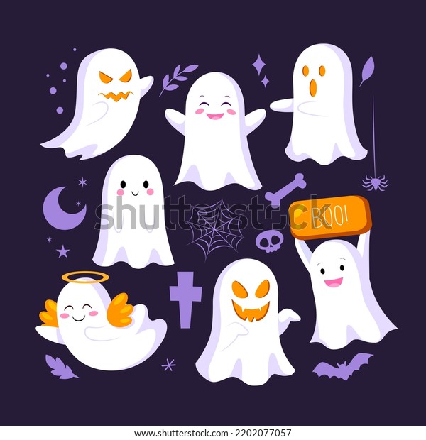 Set Cute Halloween Ghosts Cartoon Character Stock Vector (Royalty Free ...