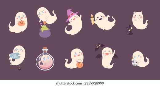 Set of cute halloween ghosts characters, spooky expression creature. Funny scary magic demons with pumpkin, black cat, bat, mystery creative nowaday vector clipart.