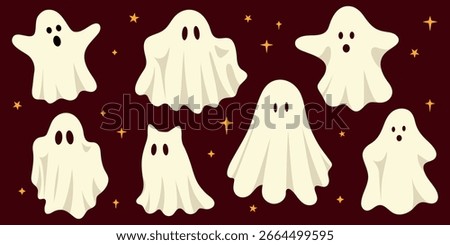 Set of cute Halloween ghosts with different expressions and poses. Vector illustration for stickers, greeting cards, party decorations, posters, and seasonal design.