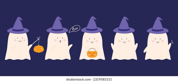 Set of cute Halloween ghosts with hat. Vector illustration. Flat hand drawn style. Collection of Halloween characters.