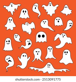 set of cute halloween ghosts illustration design. Black ghost icon. Flat halloween ghosts vector illustration on orange background