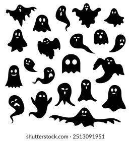 Halloween. Symbolsatz für Geister. Ghost Silhouette. Sammlung von verschiedenen gruseligen und lustigen Geistern