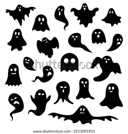 set of cute halloween ghosts illustration design. Black ghost icon. Flat halloween ghosts vector illustration on white background