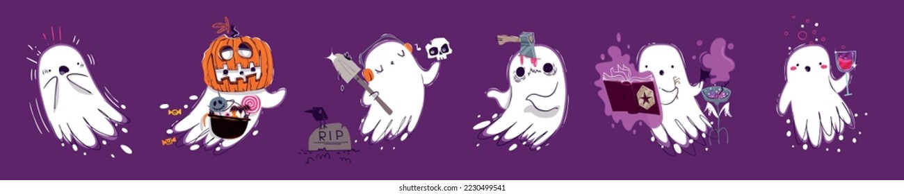 Set of cute Halloween ghosts isolated on background. Comic boo character scared, trick-or-treating, playing with skull near grave, cooking magic potion. Vector illustration with doodle design elements