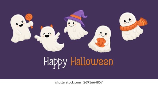 Conjunto de lindos fantasmas de Halloween sobre fondo púrpura. Fantasma de colección en estilo plano. Ilustración vectorial

