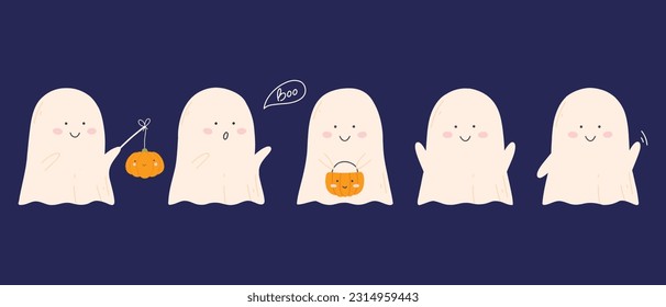 Set of cute Halloween ghosts. Vector illustration. Flat hand drawn style. Collection of Halloween characters.