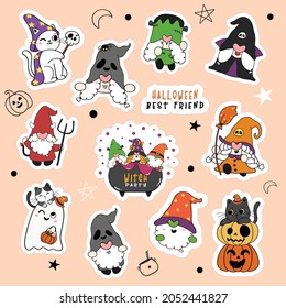 Set of cute Halloween Gnome and cat in fancy costume party cartoon sticker collection.