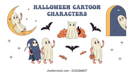 Set of cute Halloween Holiday cartoon characters - Ghosts. Vector clipart in retro cartoon style.