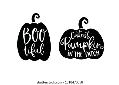 Set of cute Halloween holiday greeting cards, invitations with hand drawn black silhouette of pumpkins and white hand-lettered text. Vector illustration background. Craft cut files design.