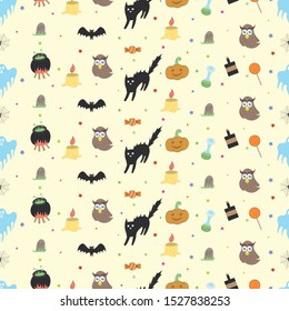 Set of cute Halloween icons, bats, cat, ghost, candle, lollipop, candy, cauldron, potion, pumpkin, spider web, owl and grave