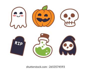 Set of cute Halloween icons featuring a ghost, pumpkin, skull, gravestone, potion, and another ghost character design concept