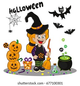 Set of cute halloween icons. Girl in a suit of a witch to the day of halloween