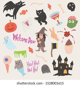 Set of cute Halloween icons, illustration, cat, ghost, fish, castle, zombie, witch cocktail, grave, werewolf, pumpkin hand and peace