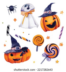 Set of cute halloween icons. Pumpkin, spook, boiler and halloween elements. Collection of scrapbooking elements for halloween party 