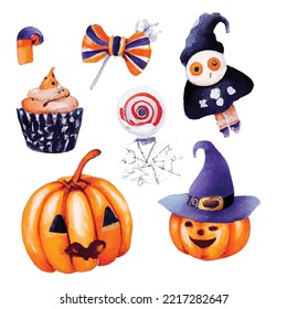Set of cute halloween icons. Pumpkin, spook, boiler and halloween elements. Collection of scrapbooking elements for halloween party 