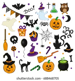 Set of cute halloween icons.  Pumpkin, hat,  black cat, spook, boiler and halloween elements. Collection of scrapbooking elements for halloween party