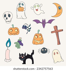 Set of cute halloween illustration design. Characters for kids. Funny ghost.  Isolated icons. Vector illustration.