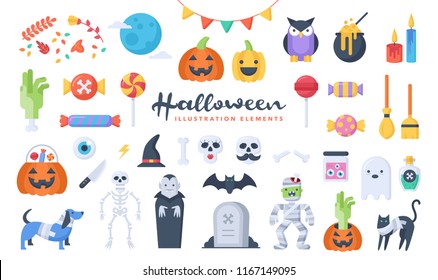 Set of cute Halloween illustration elements. Flat design style. Perfect for making your own original projects. Vector.