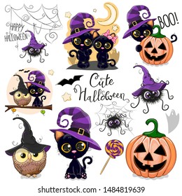 Set of Cute Halloween illustrations and design elements with owl, black cat and spider